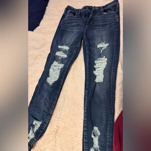 American Eagle Outfitters Dark Blue Distressed Super Hi Rise Jegging